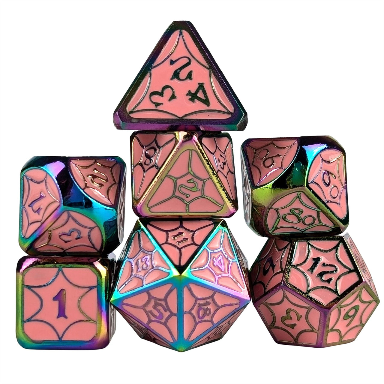 Pink Spider's Web in Rainbow Metal - 7pcs RPG Dice Set