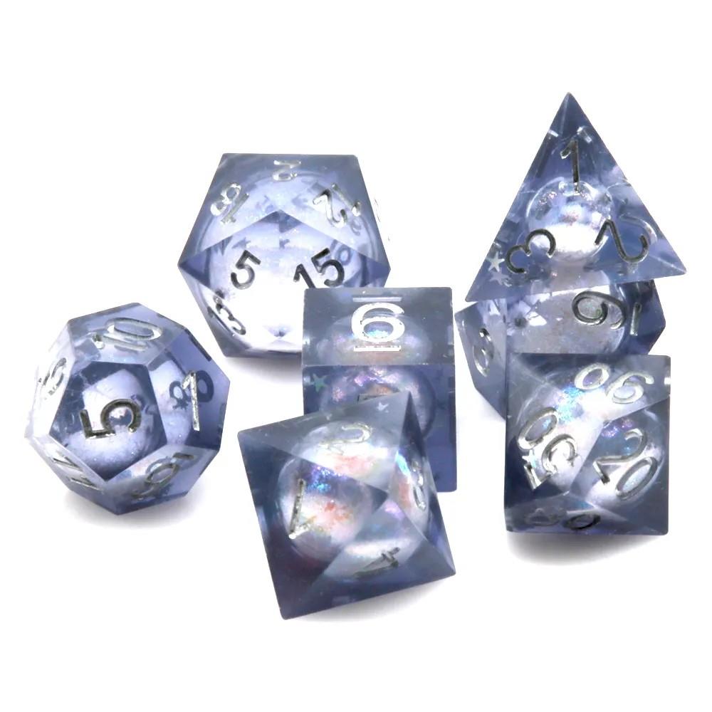 White Sand in Dark Blue Liquid Filled Sharp Resin - 7pcs RPG Dice Set