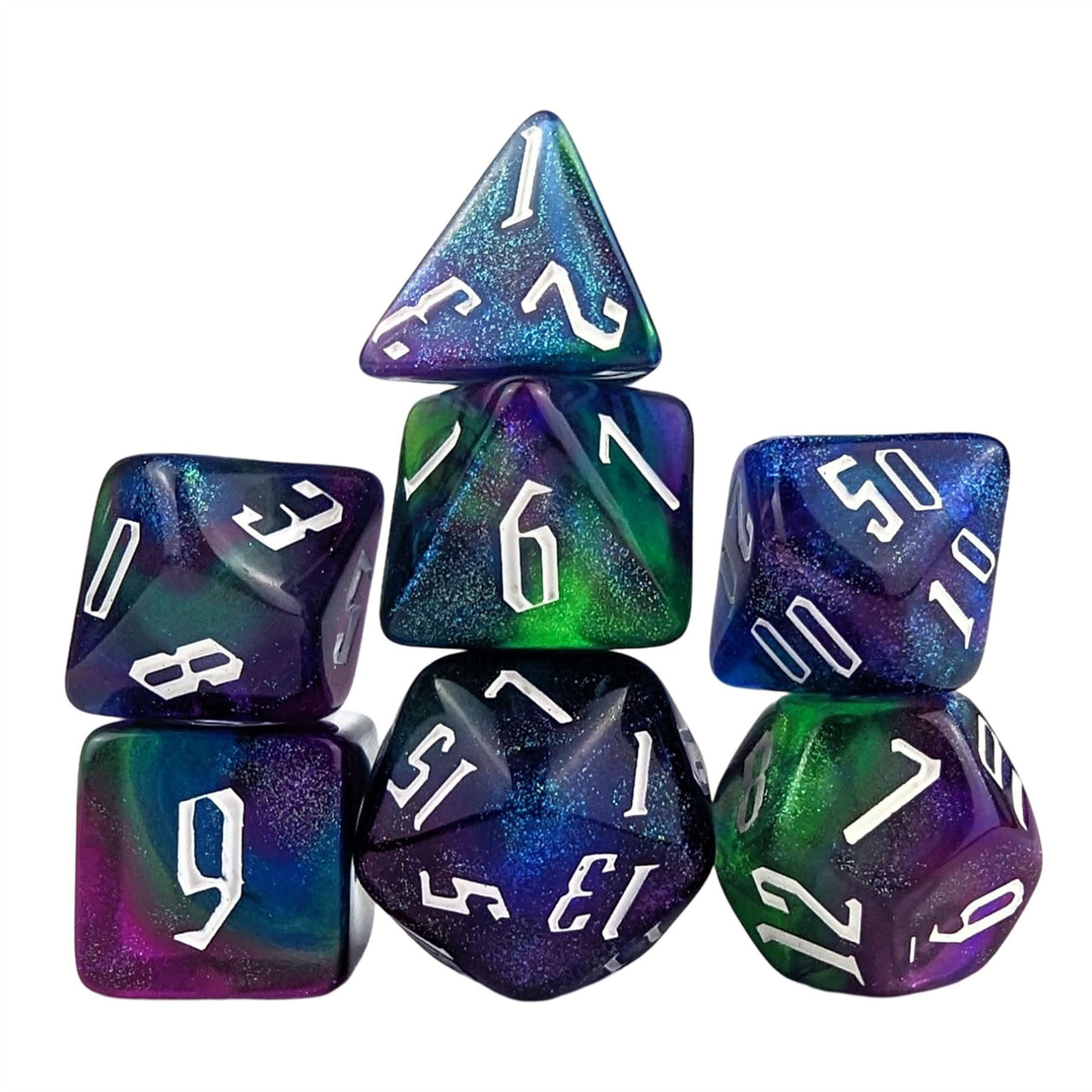 Glitter in Blue & Purple Acrylic - 7pcs RPG Full Dice Set White Stack