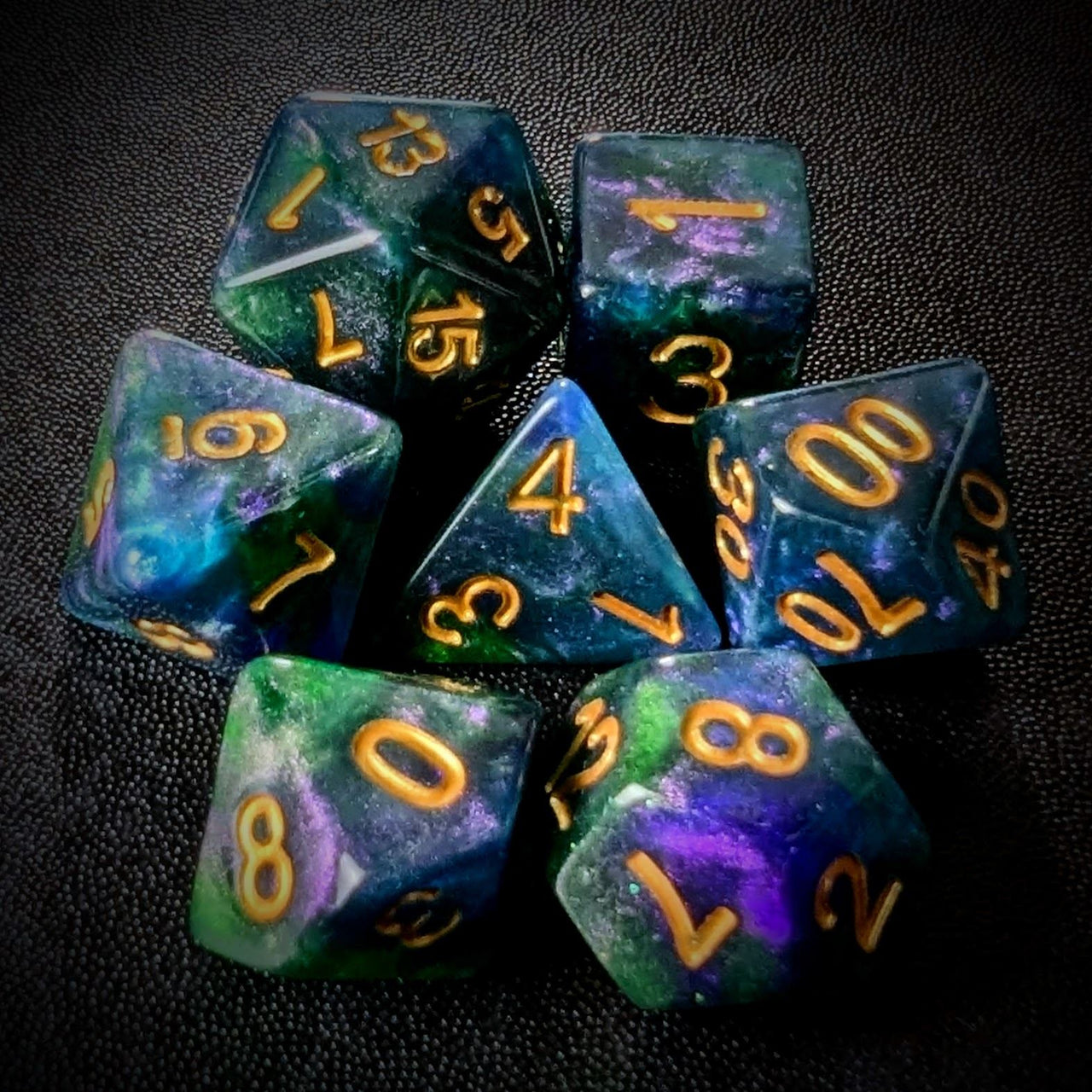 Glitter in Green & Blue Resin - 7pcs RPG Full Dice Set