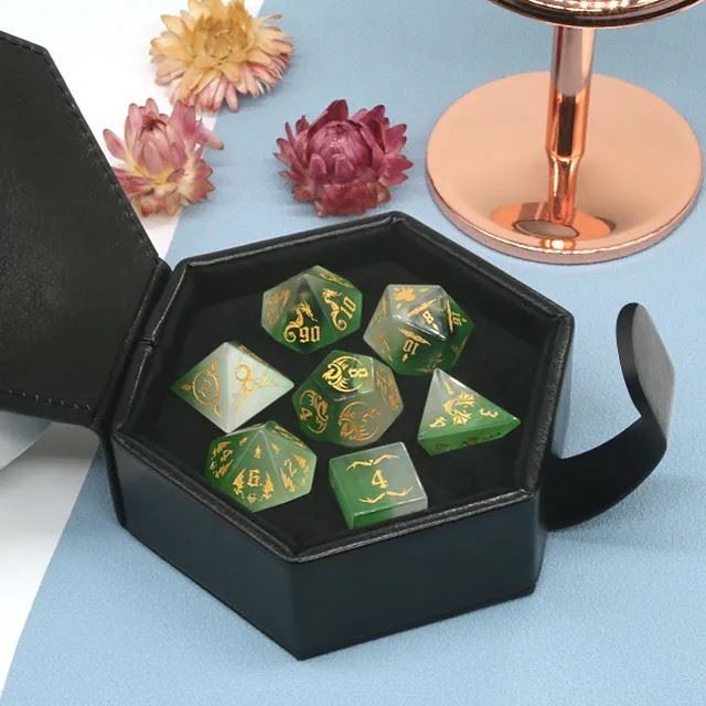 Dragon on Green and White Glass - 7pcs RPG Dice Set