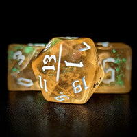 Thumbnail for Glitter in Clear Orange Acrylic - 7pcs RPG Full Dice Set Close