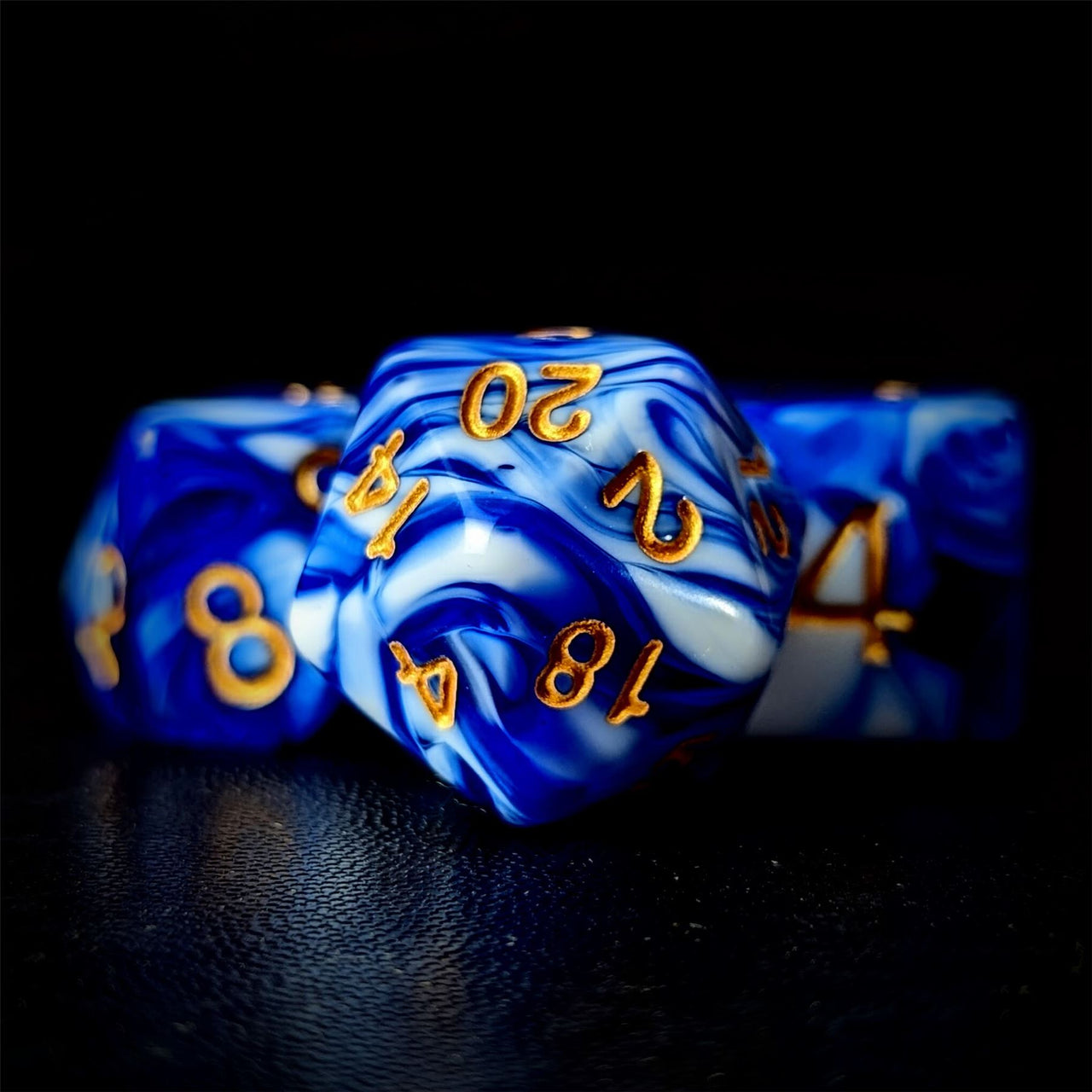 Blend of White & Royal Blue Acrylic - 7pcs RPG Full Dice Set Close