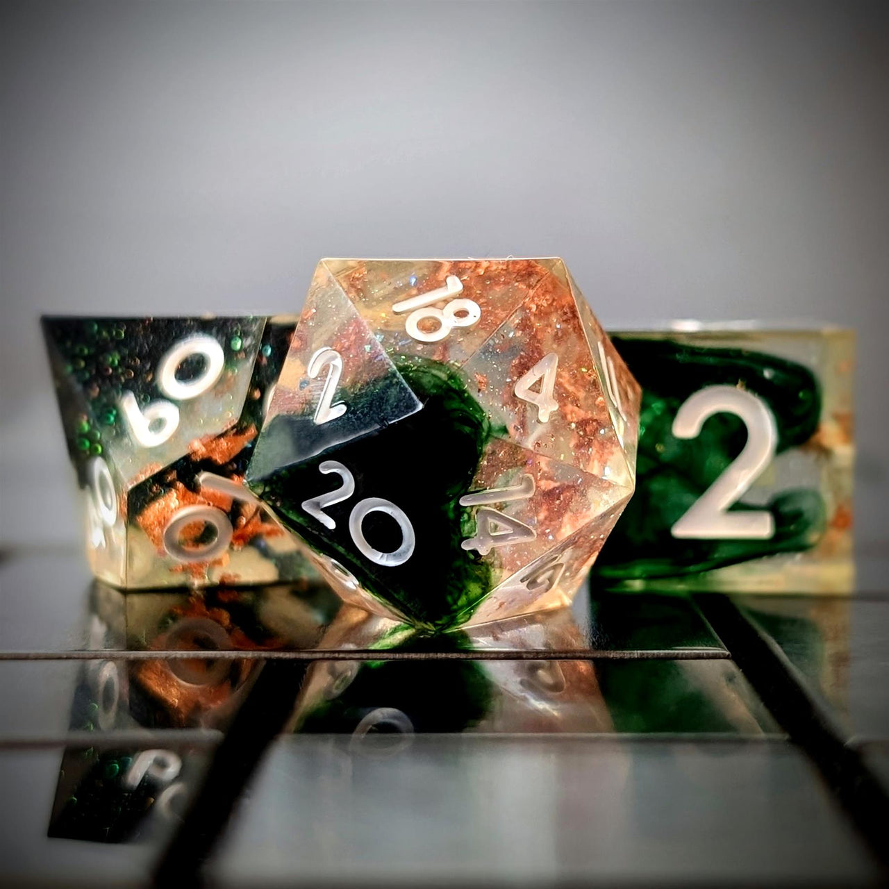 Green Swirl in Black & Clear with Copper Foil Sharp Resin - 7pcs RPG Dice Set