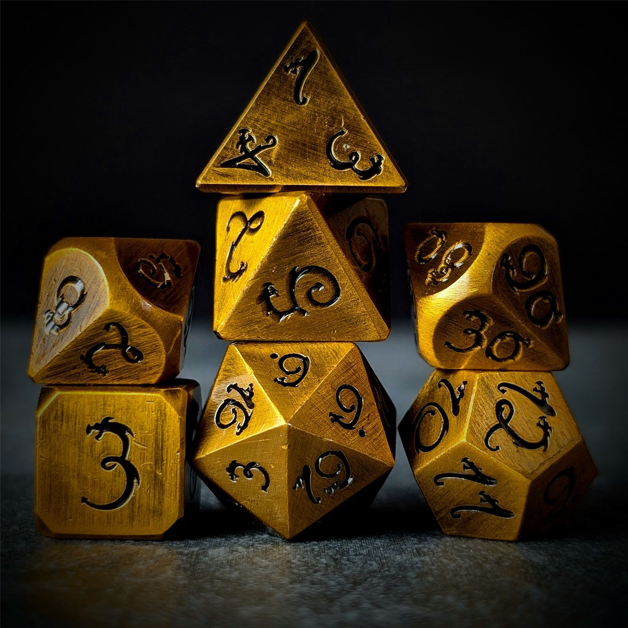 Gold Metal with Black Dragon Font - 7pcs RPG Dice Set