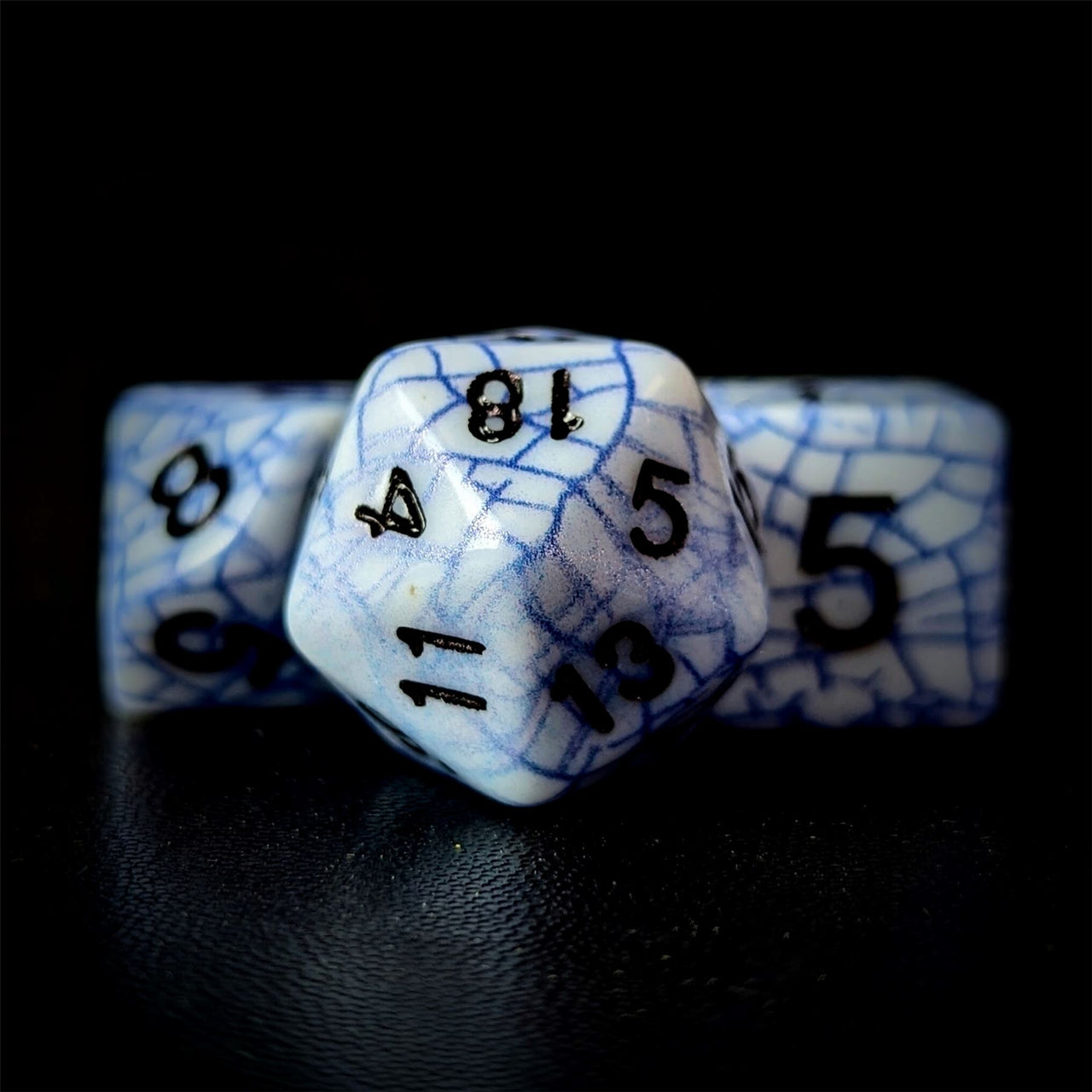 Cracked Blue on White Acrylic - 7pcs RPG Full Dice Set Close