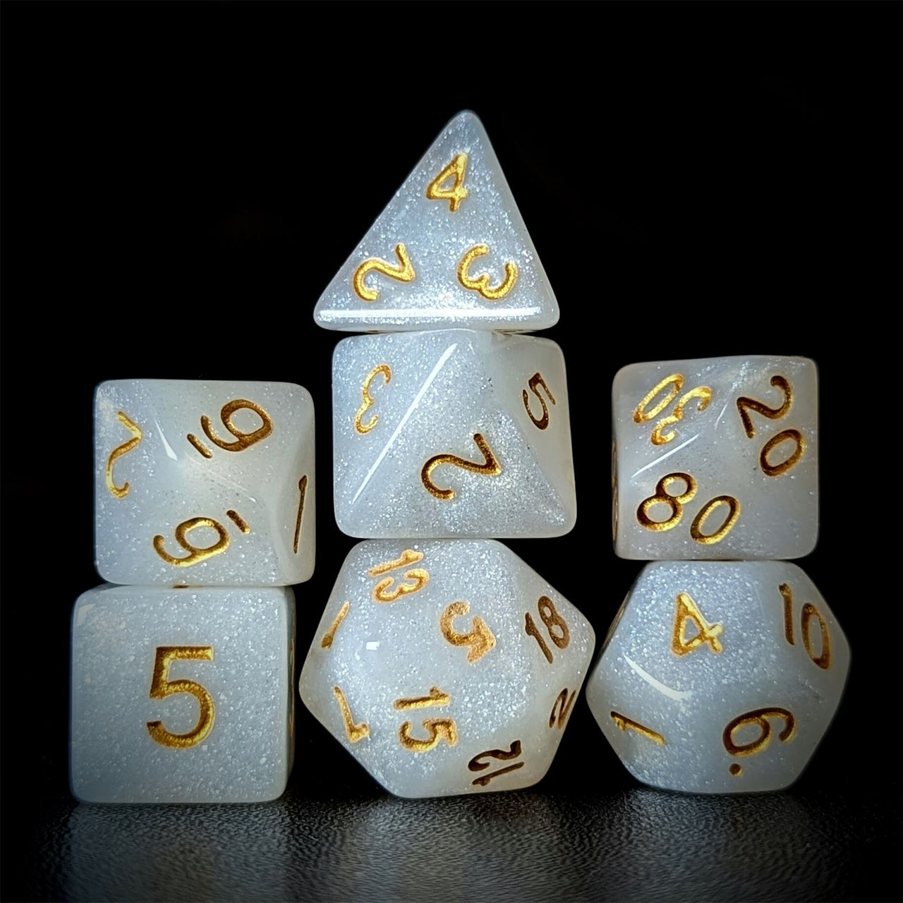 Glitter in White Acrylic - 7pcs RPG Full Dice Set Dark Stack