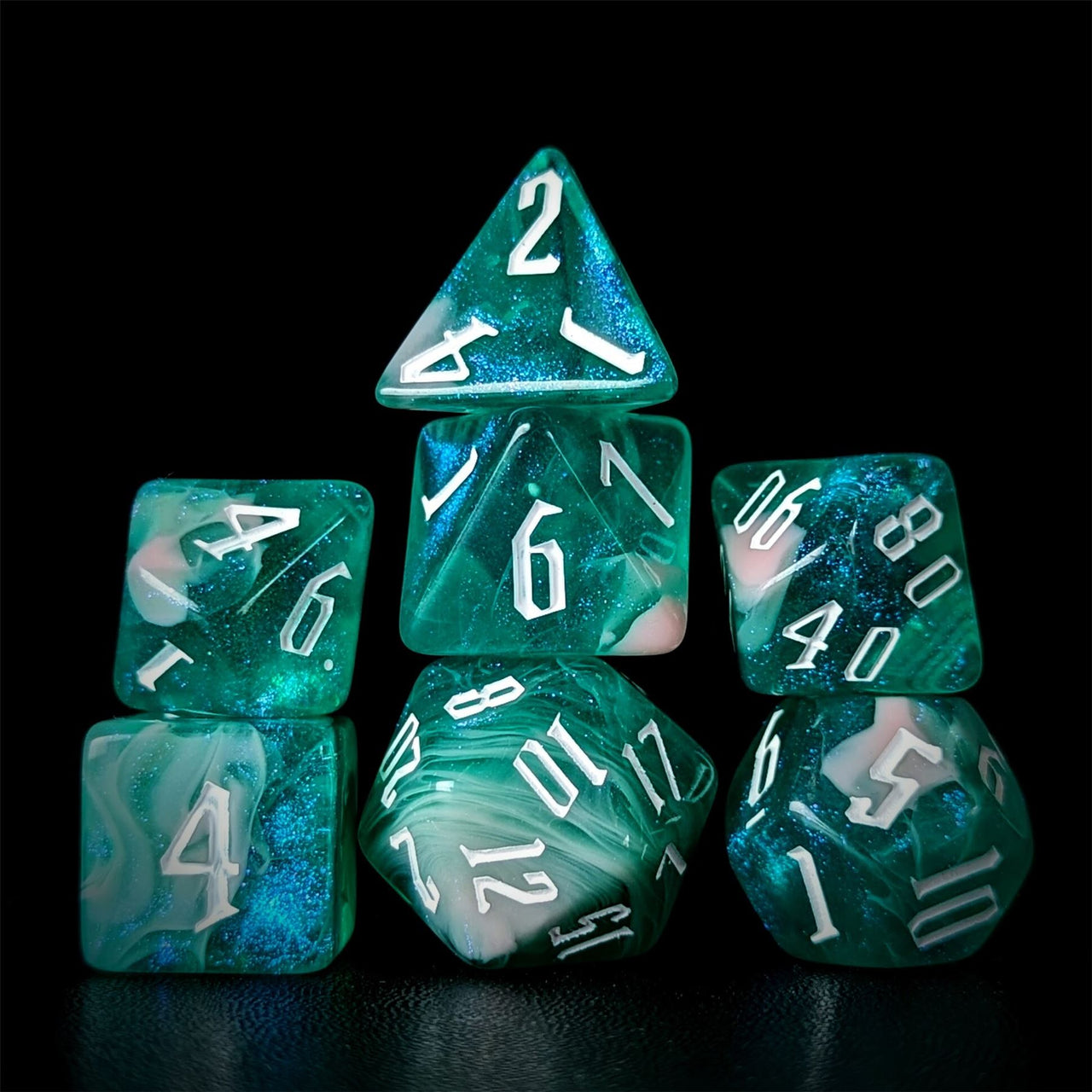 Glitter in Green & Pink Acrylic - 7pcs RPG Full Dice Set Dark Stack