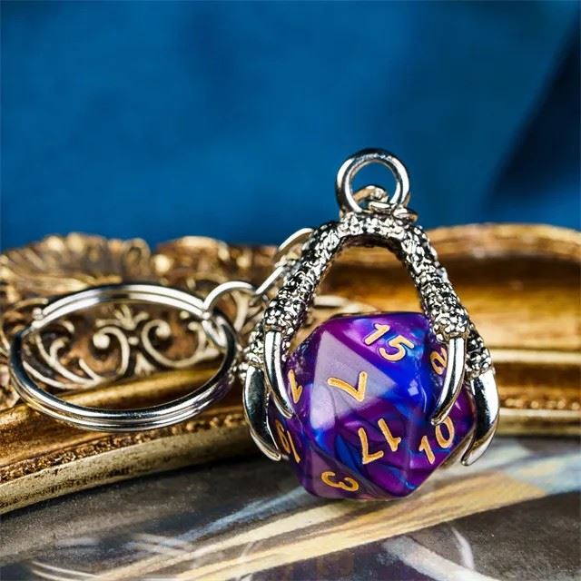 Purple & Blue Acrylic in  Silver Metal Claw - D20 Keyring