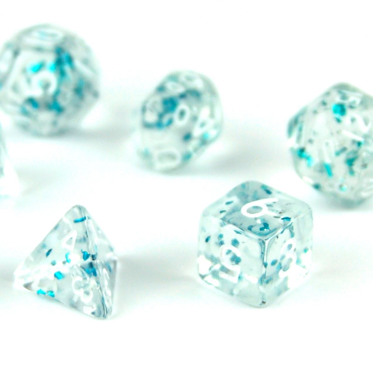 Glitter in Clear & Blue Acrylic - 7pcs RPG Mini Dice Set