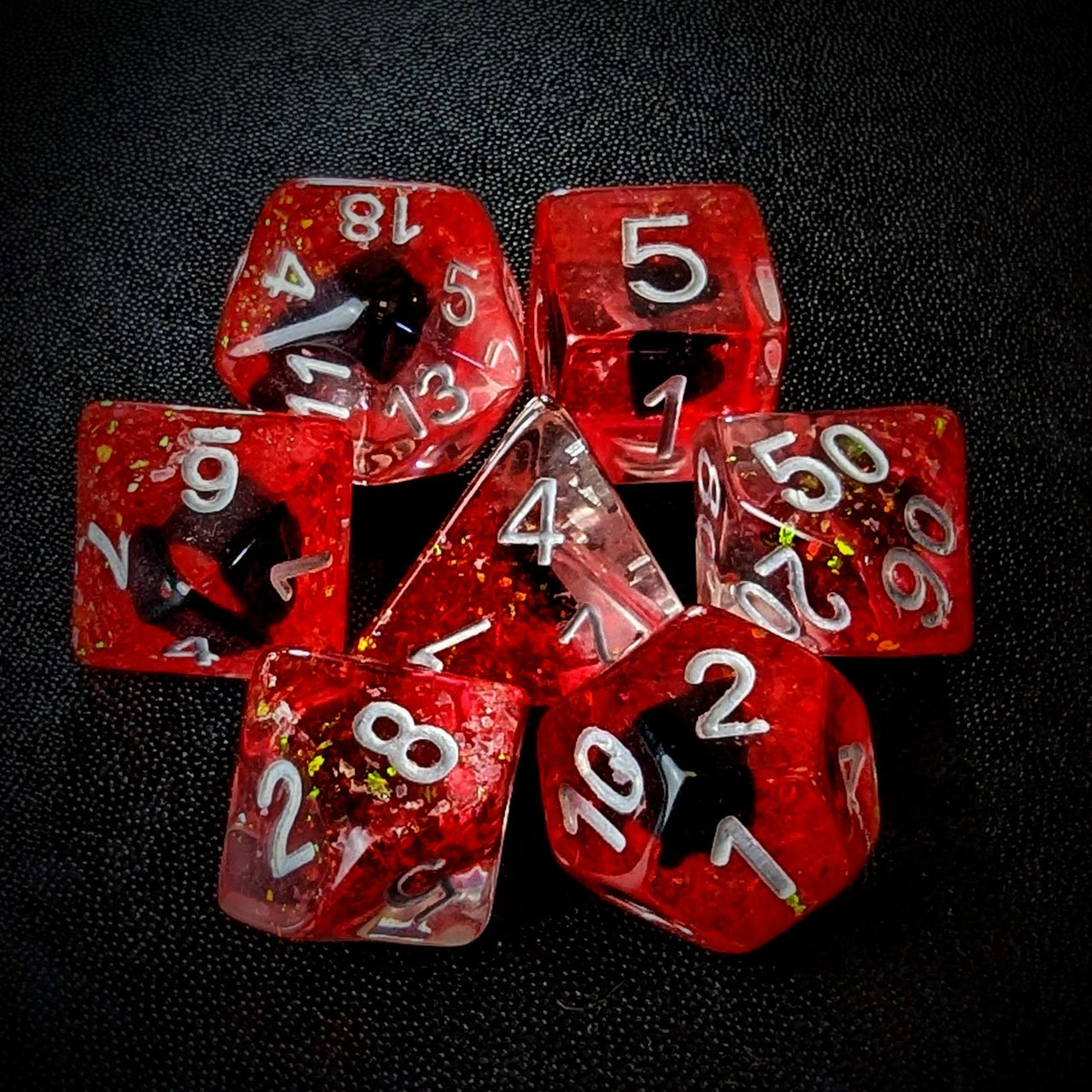 Spades in Clear & Red Resin - 7pcs RPG Full Dice Set