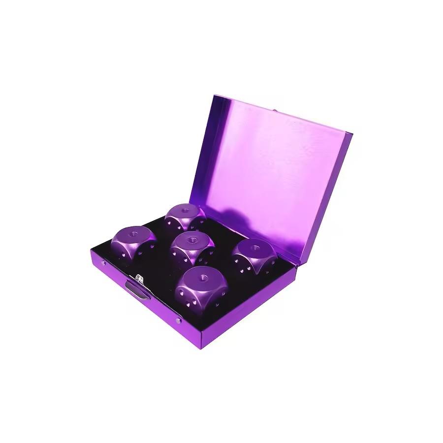 5pcs D6 Dice Metal Aluminium 16mm Box Rounded White Font Purple