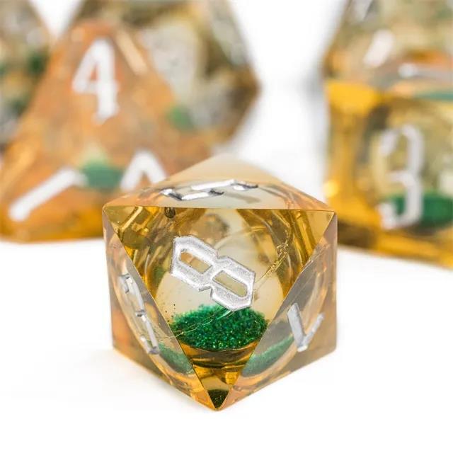 Green Glitter in Yellow & Clear Liquid Filled Sharp Resin - 7pcs RPG Dice Set