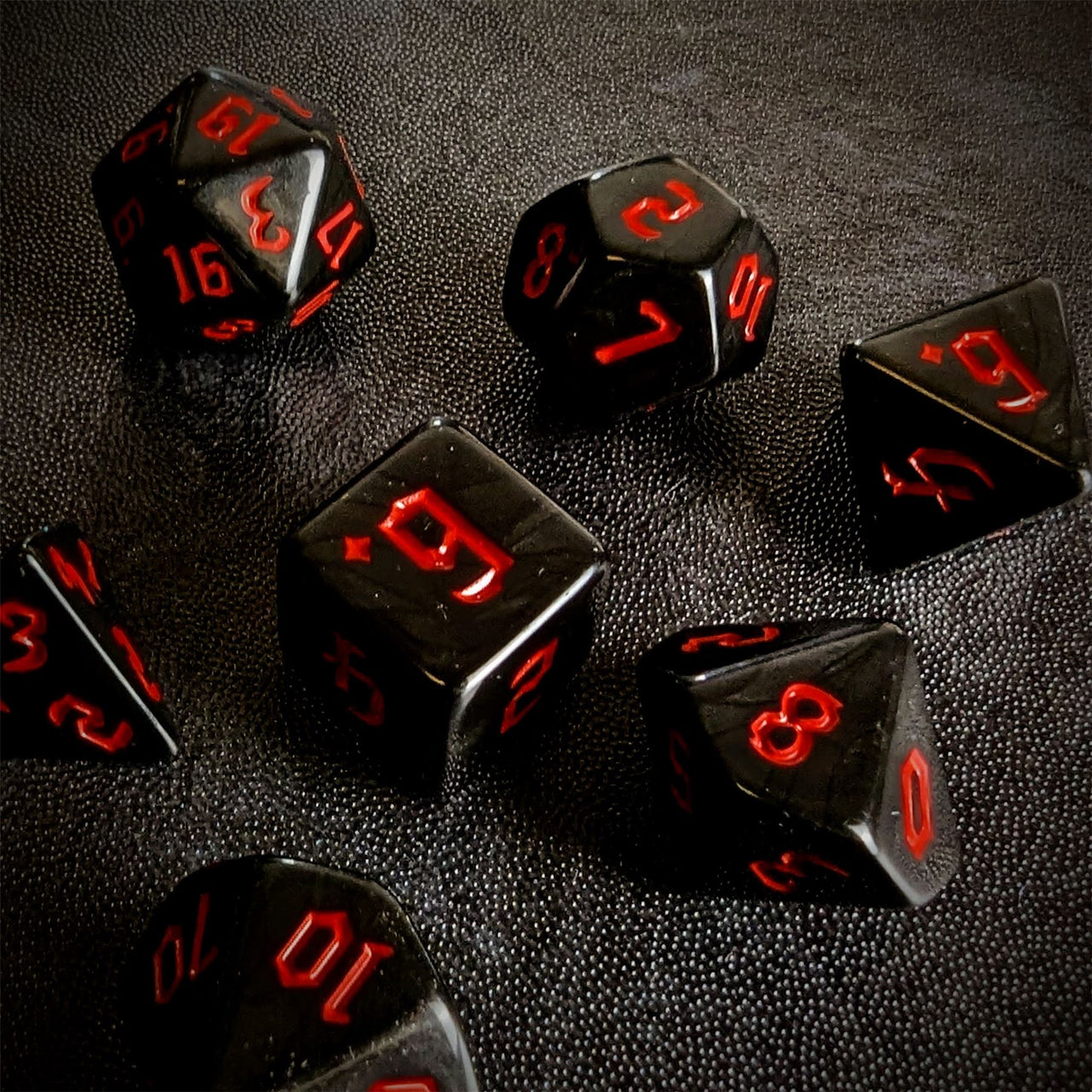 Red on Solid Black Acrylic - 7pcs RPG Full Dice Set Scatter