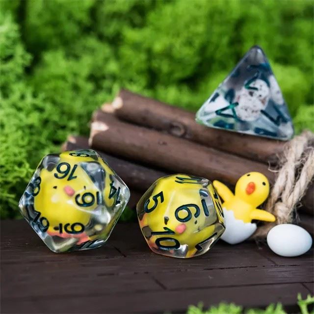 Chickens in Clear Resin with Oversized D20 - 8pcs RPG Dice Set