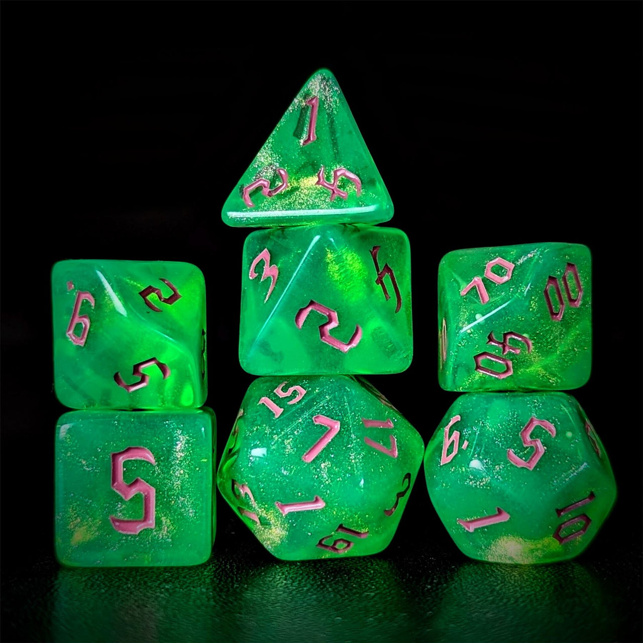 Glitter in Green Acrylic - 7pcs RPG Full Dice Set Dark Stack