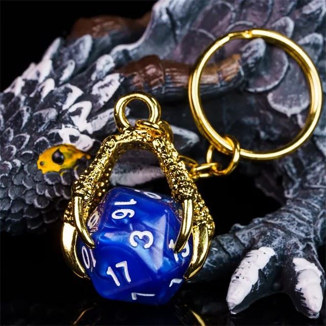 Blue & Gold Acrylic in Metal Claw - D20 Keyring