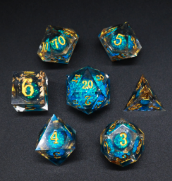 7pcs Dice Sharp Filled Liquid Gold Font Blue Clear