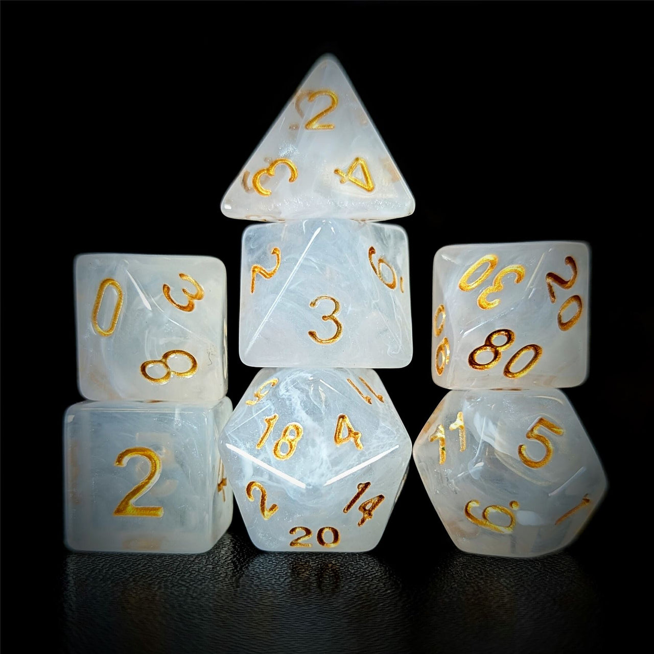 White Silk Acrylic - 7pcs RPG Full Dice Set Dark Stack