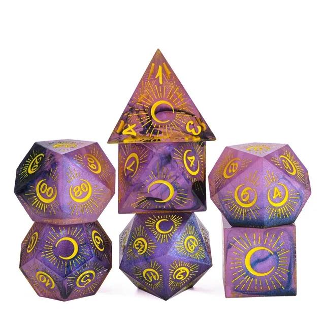 Moon on Purple with Black Swirl Sharp Resin - 7pcs RPG Dice Set