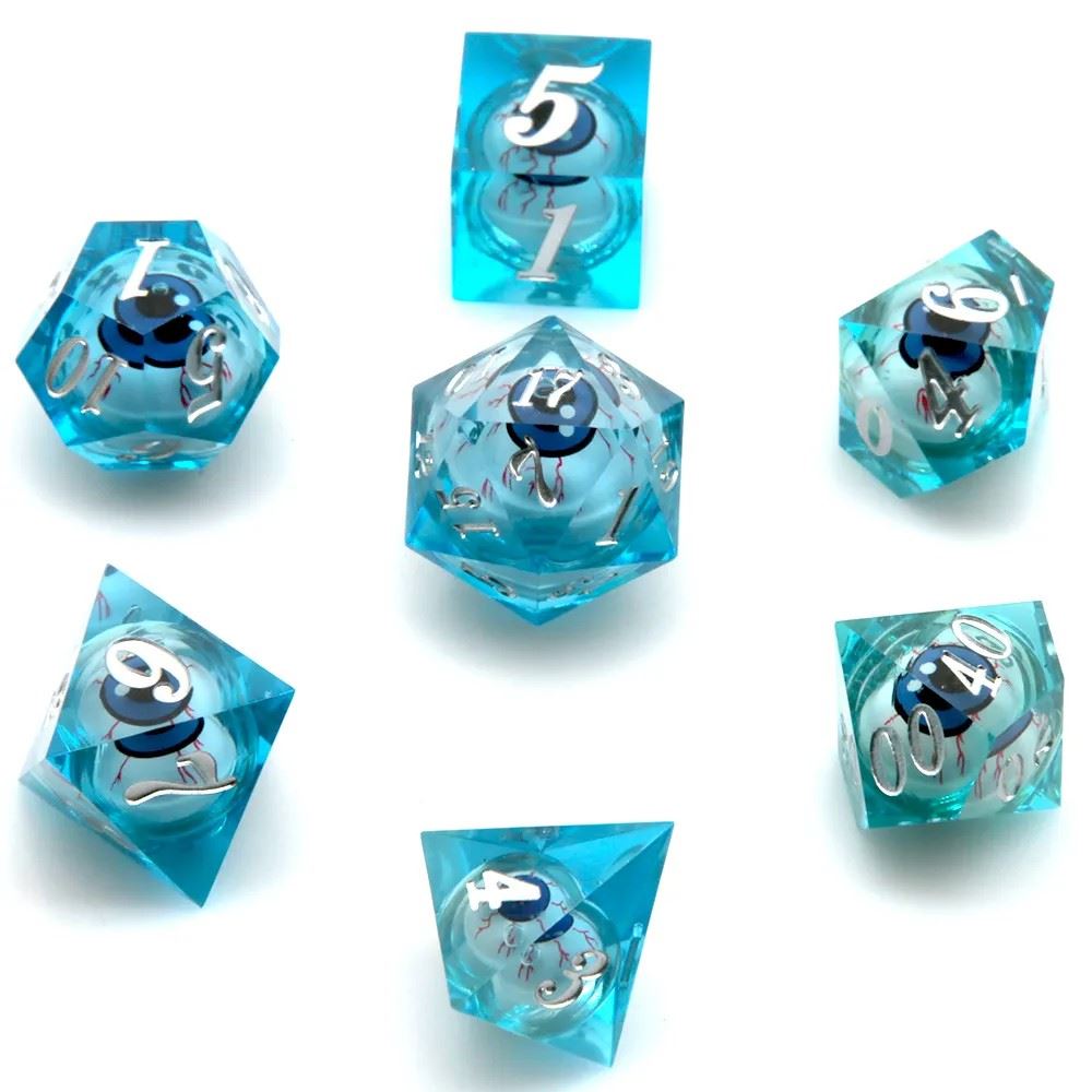 Eye Ball in Clear & Blue Liquid Filled Sharp Resin - 7pcs RPG Dice Set