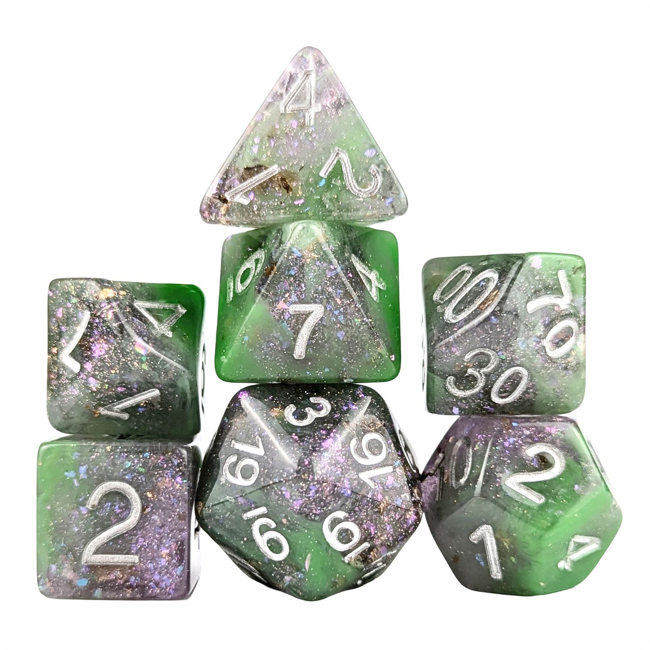 Glitter in Purple & Green Resin - 7pcs RPG Full Dice Set