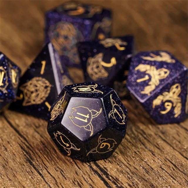 Beasts on Blue Goldstone Gemstone - 7pcs RPG Dice Set