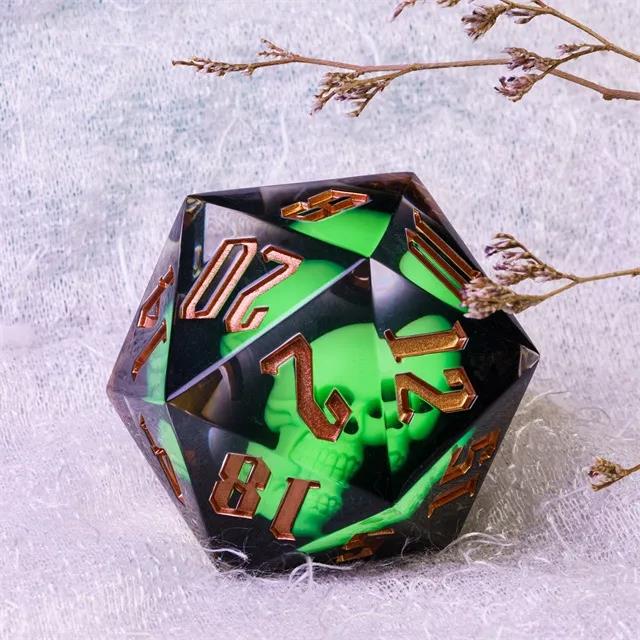 Green Skull in Black Sharp Resin - D20 RPG Dice