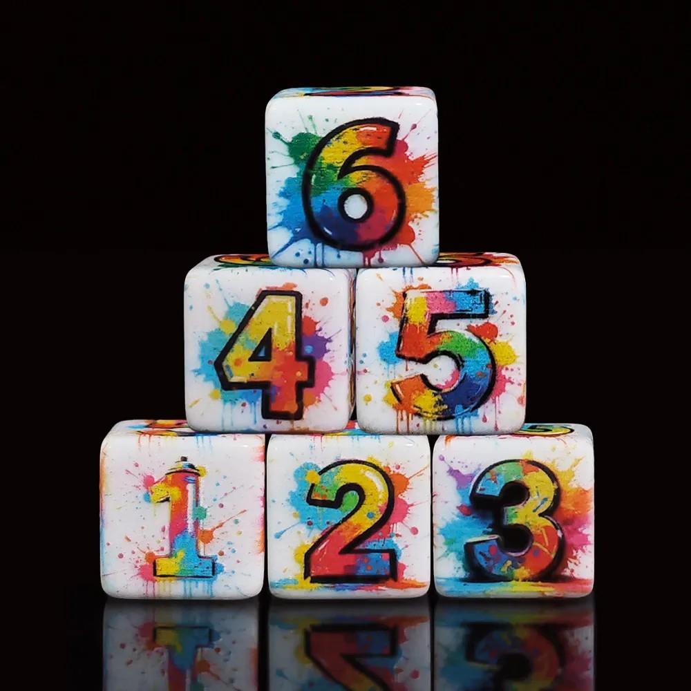6pcs D6 16mm Dice Acrylic Printed Colour Splat Black Font White