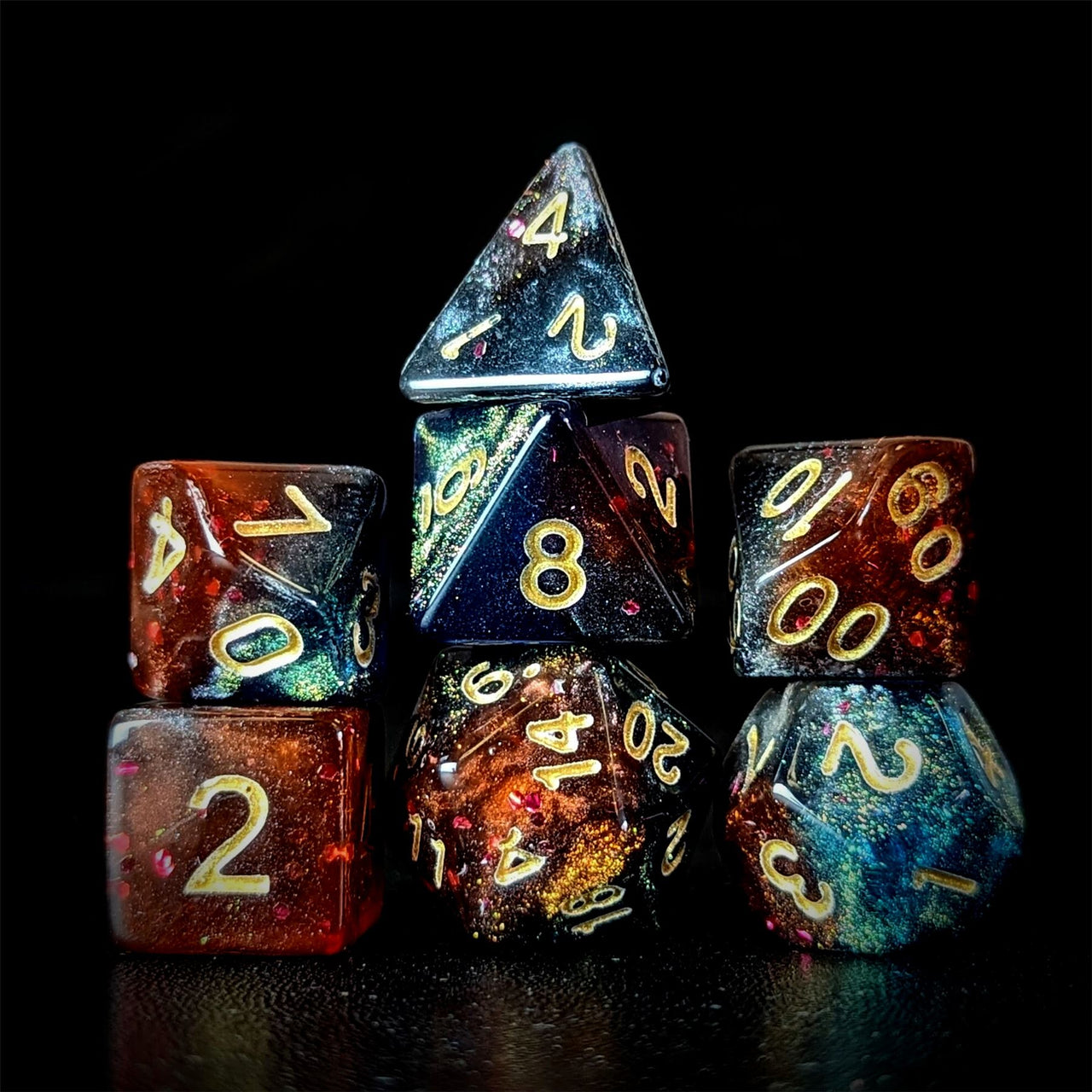 Glitter in Red & Blue Acrylic - 7pcs RPG Full Dice Set Dark Stack