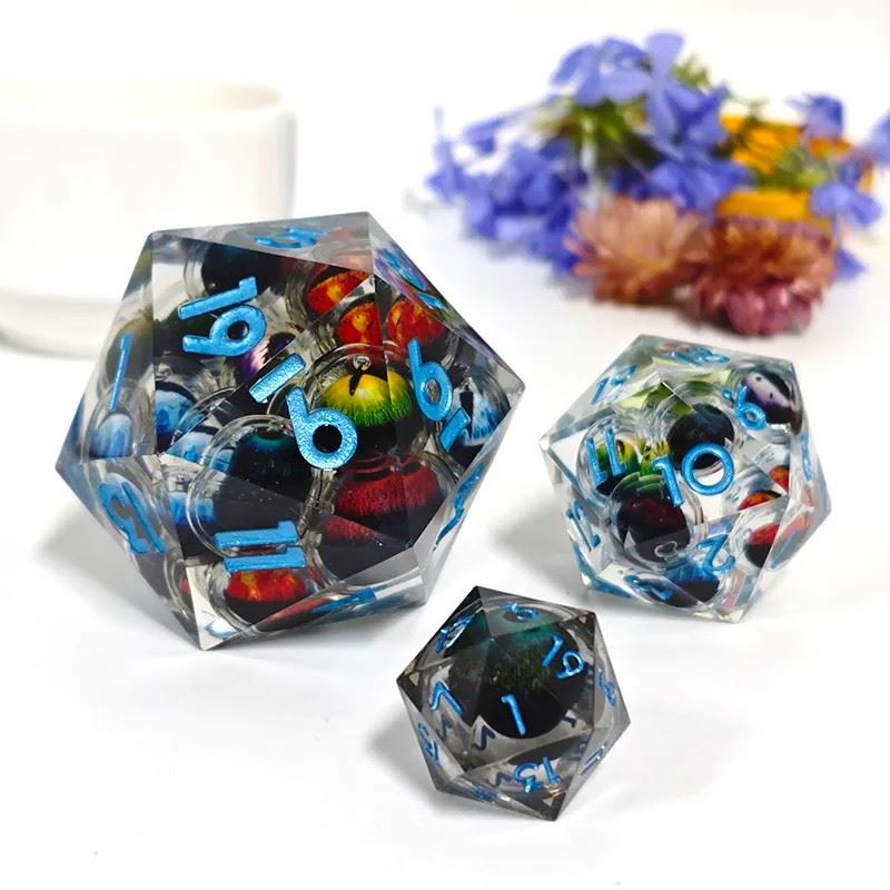 Dragon Eyes in Clear Liquid Sharp Resin - D20 RPG Dice