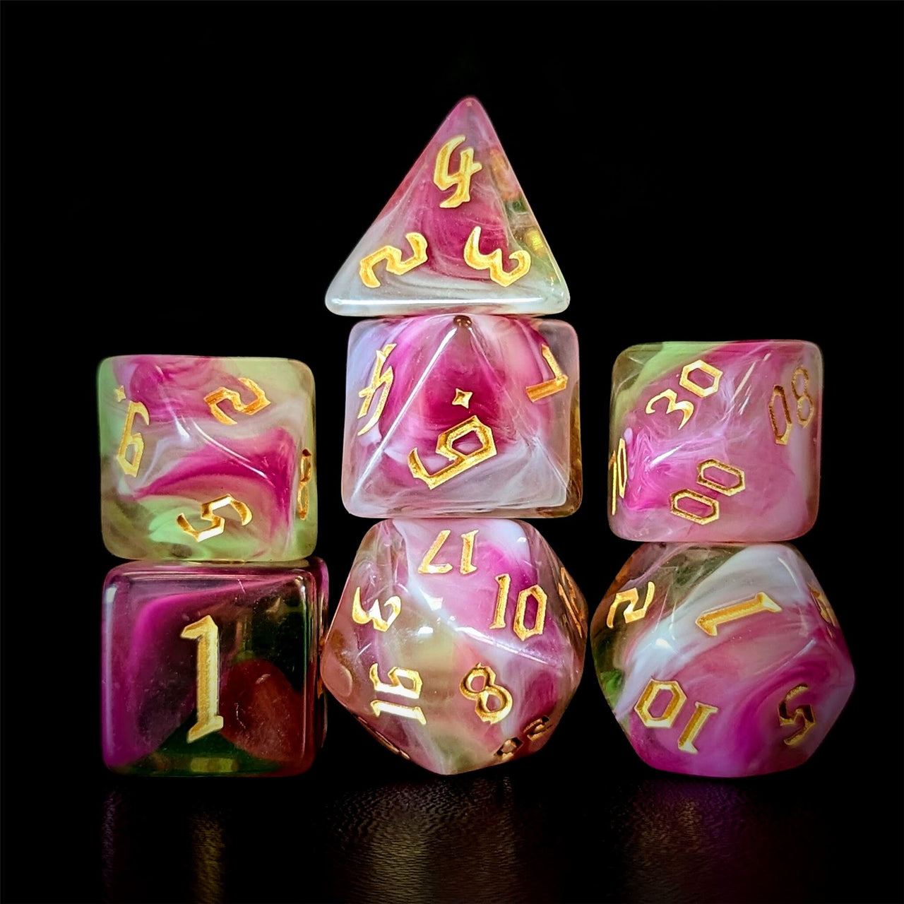 Blend of Green & Pink Acrylic - 7pcs RPG Full Dice Set Dark Stack