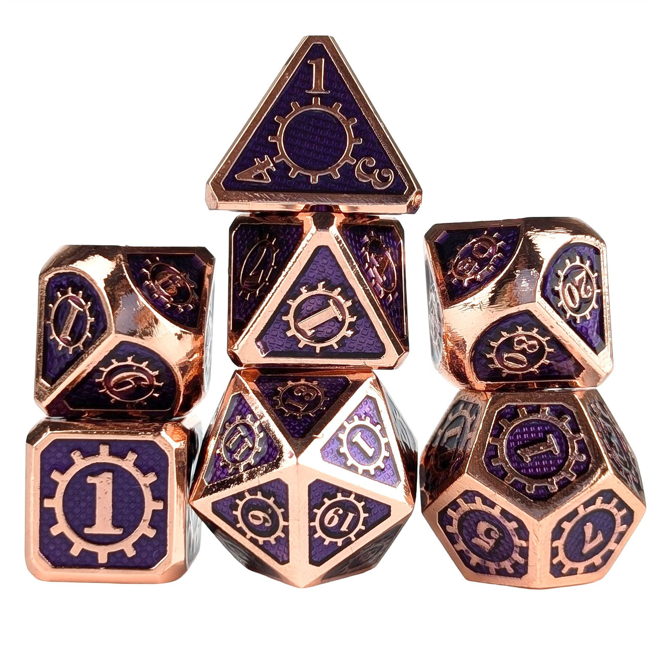 Gear in Purple Enamel Copper Metal - 7pcs RPG Dice Set