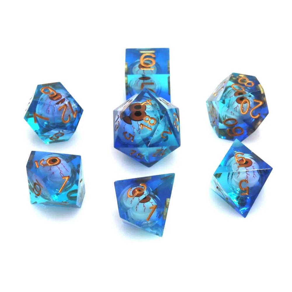 Orange Eye Ball in Clear & Blue Liquid Filled Sharp Resin - 7pcs RPG Dice Set