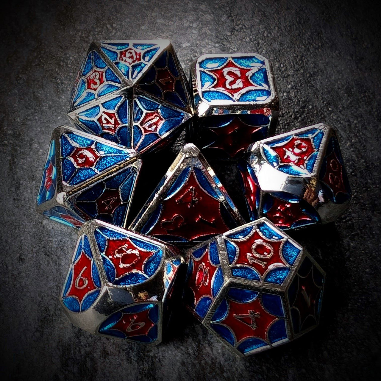 Blue & Red Spider's Web in Silver Metal - 7pcs RPG Dice Set