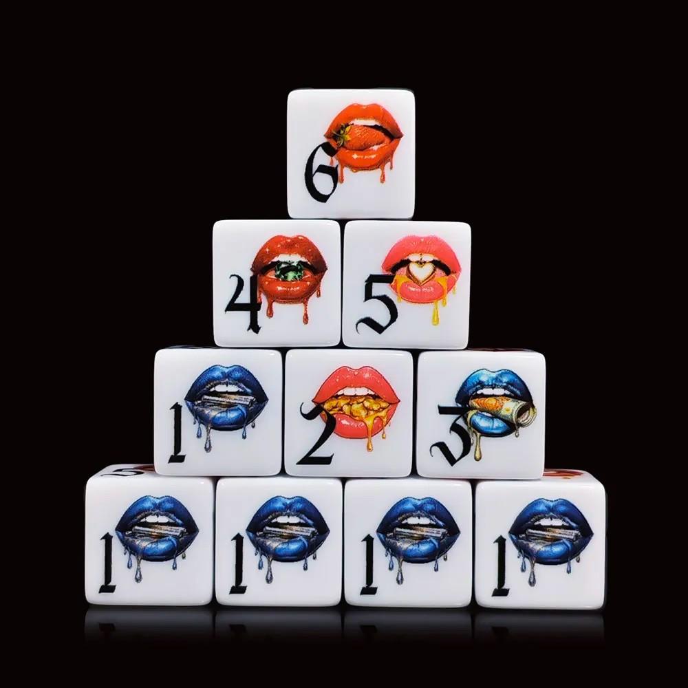 6pcs D6 16mm Dice Acrylic Printed Lips Black Font White