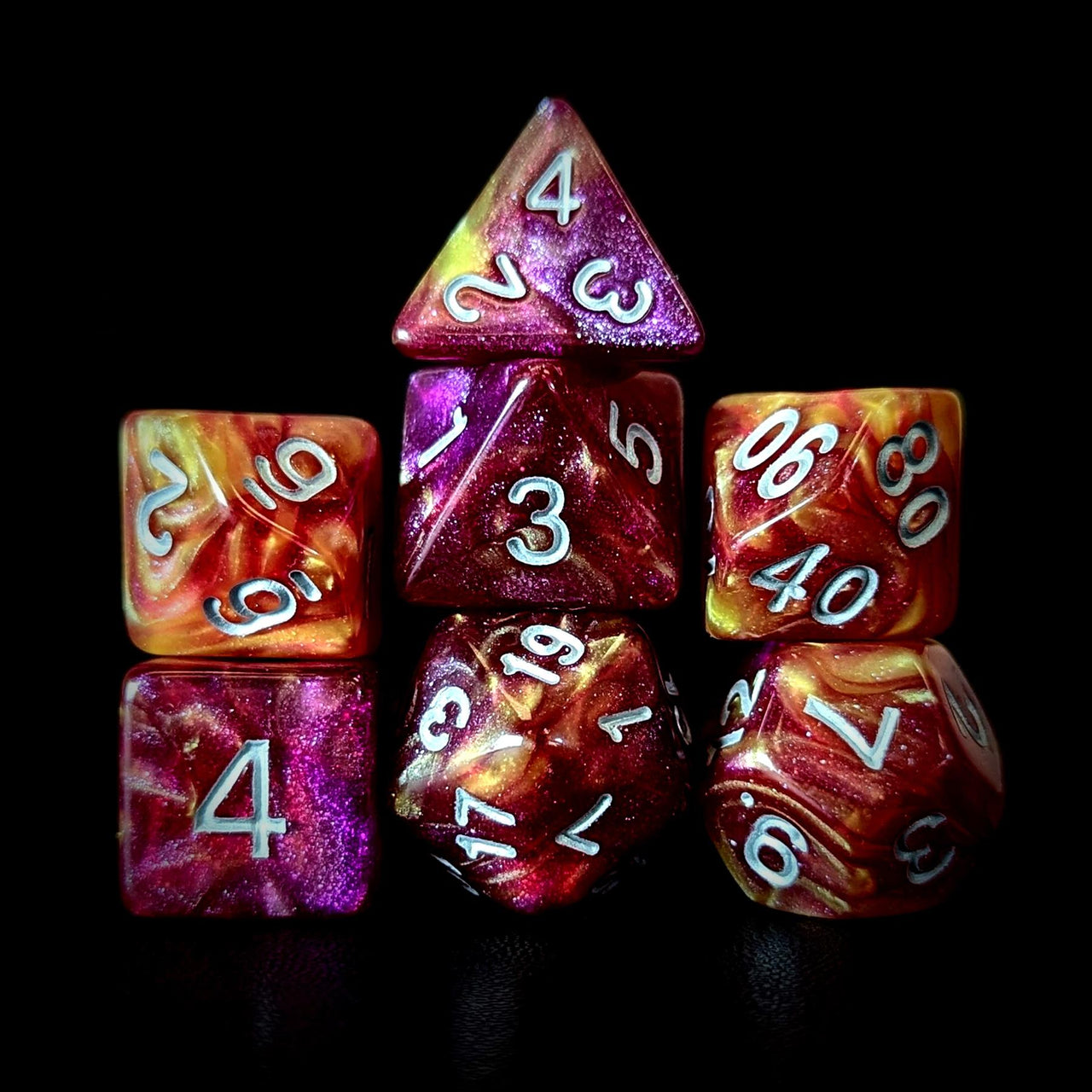 Glitter in Pink & Yellow Acrylic - 7pcs RPG Full Dice Set