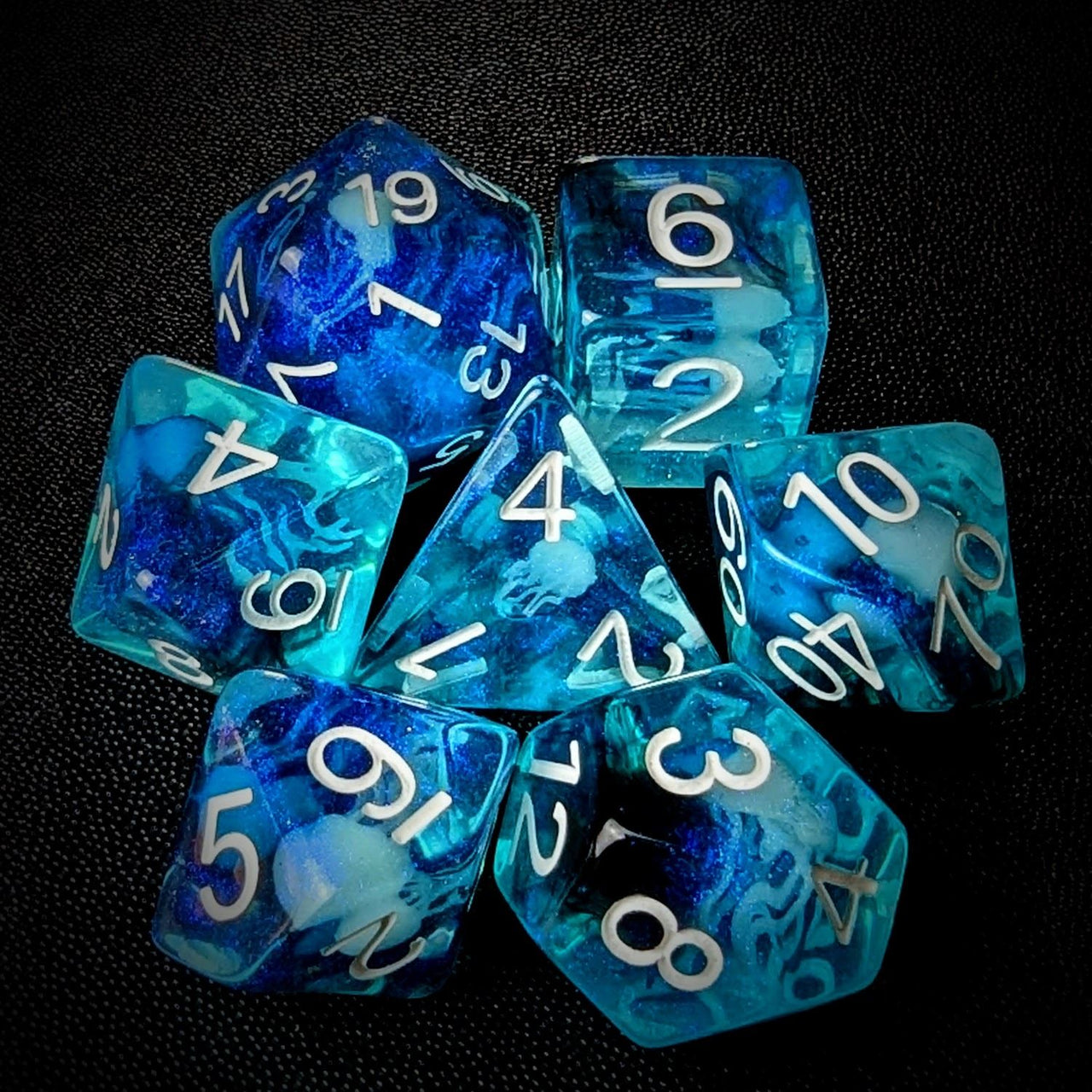 Glow in the Dark Jellyfish in Clear & Blue Resin - 7pcs RPG Full Dice Set