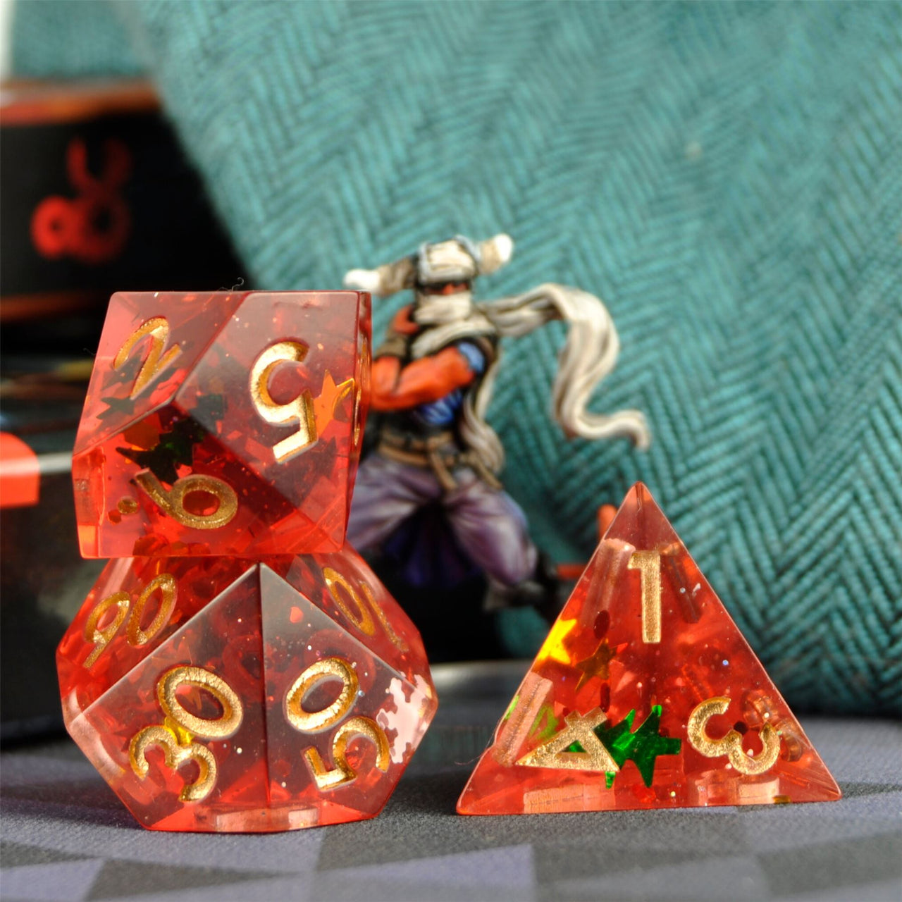 Snow in Red & Clear Filled Sharp Resin - 7pcs RPG Dice Set