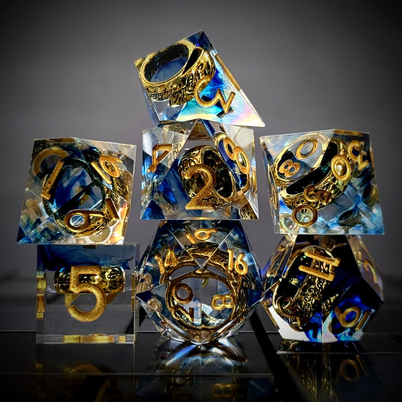 Gold Ring in Blue & Clear Filled Sharp Resin - 7pcs RPG Dice Set