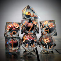 Thumbnail for 7pcs Dice Sharp Filled Liquid Copper Font Pumpkin Black Clear