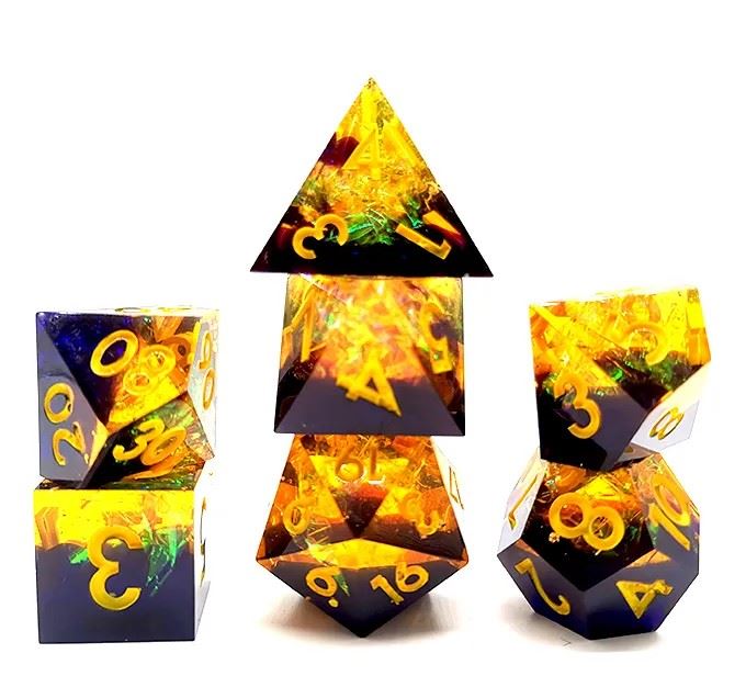 Yellow Swirl in Black with Gold Foil Sharp Resin - 7pcs RPG Dice Set