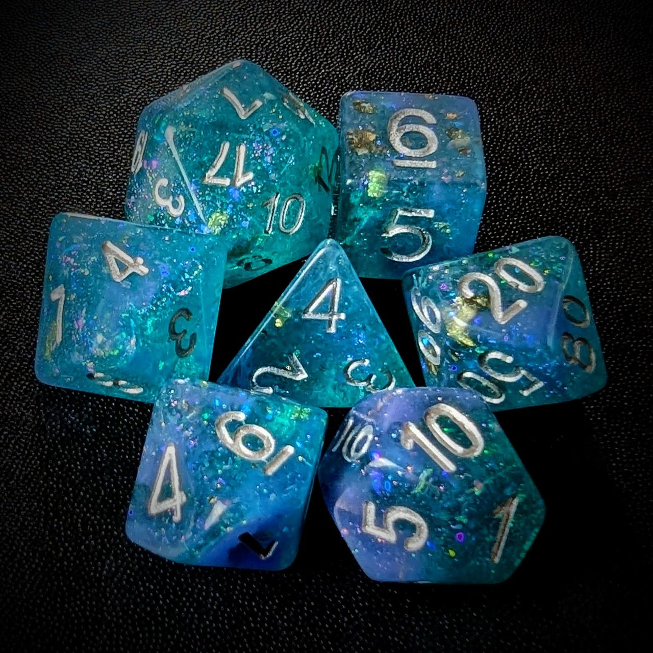 Glitter in Blue & Cyan Resin - 7pcs RPG Full Dice Set