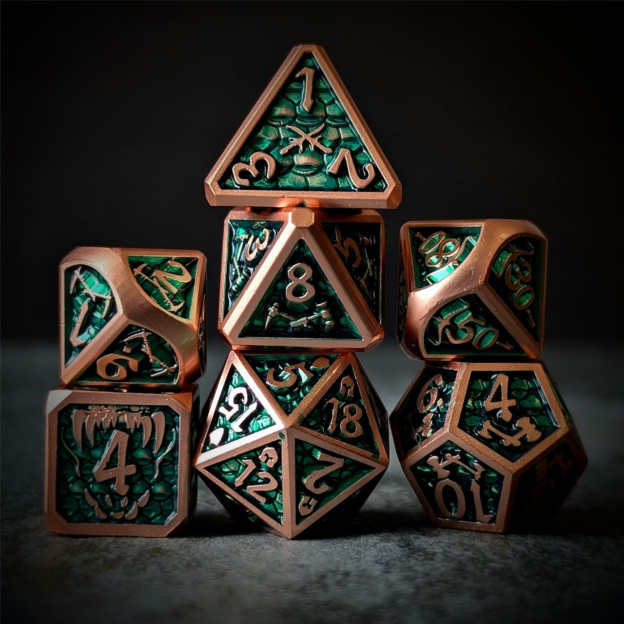 Forest Green Monster in Copper Metal - 7pcs RPG Dice Set