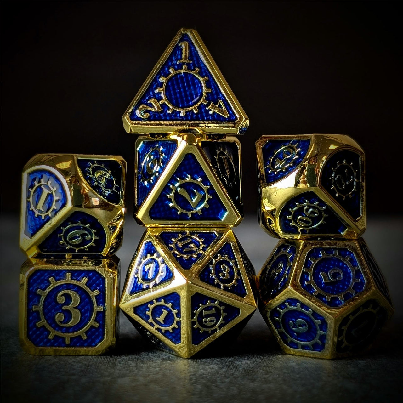 Gear in Blue Enamel Gold Metal - 7pcs RPG Dice Set