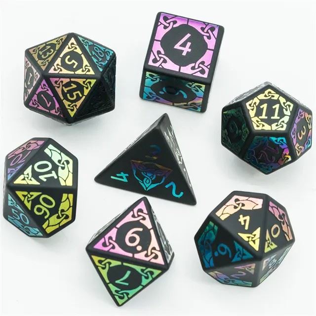 Celtic Knot on Black Obsidian Gemstone - 7pcs RPG Dice Set