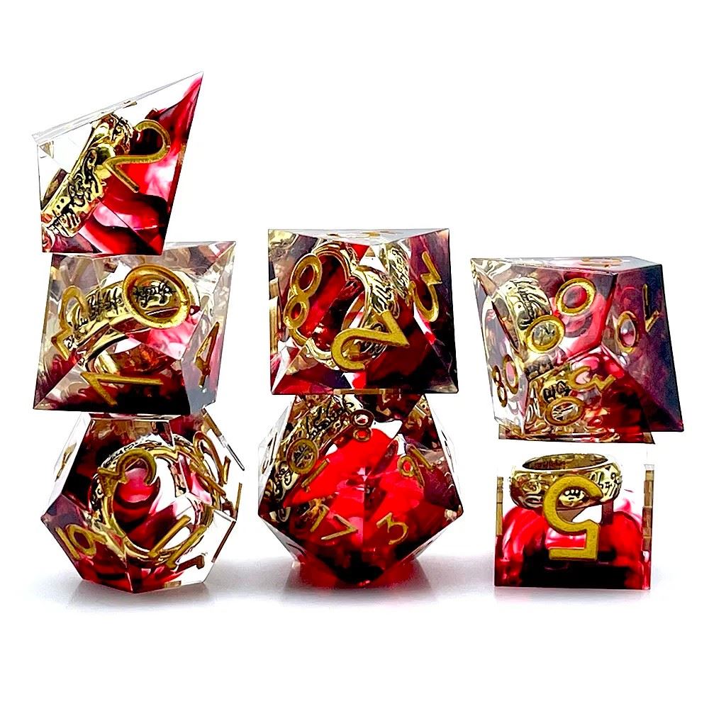 Gold Ring in Red & Clear Filled Sharp Resin - 7pcs RPG Dice Set