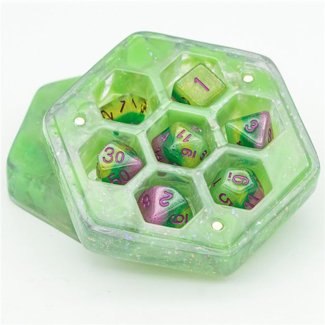 Green Gliiter on Resin with 7 Slots - Dice Storage