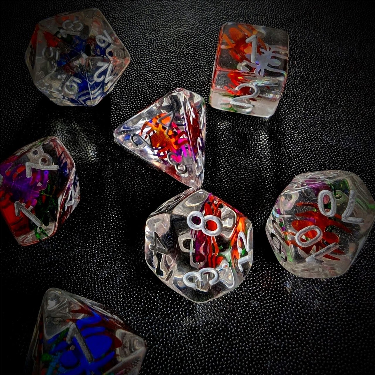 Spiders in Clear Resin - 7pcs RPG Full Dice Set