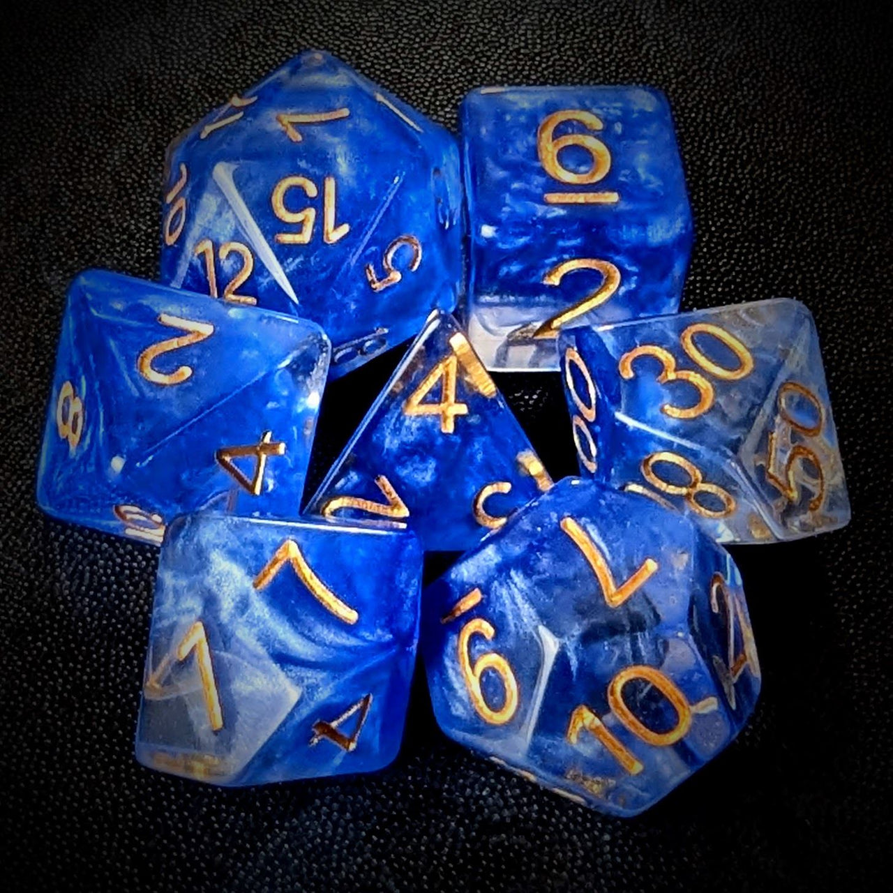 Royal Blue Swirl in Clear Resin - 7pcs RPG Full Dice Set